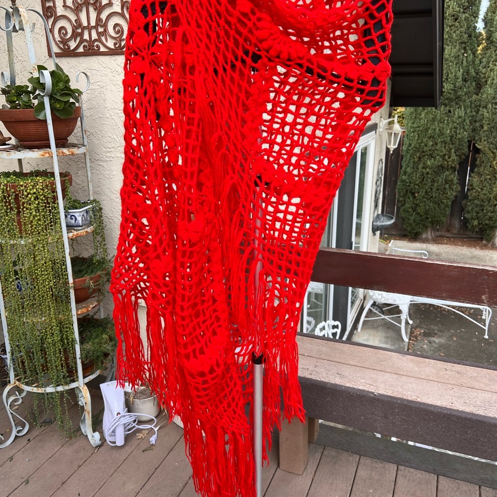 Vibrant Red Crochet Shawl with Fringe - Picture 2 of 9